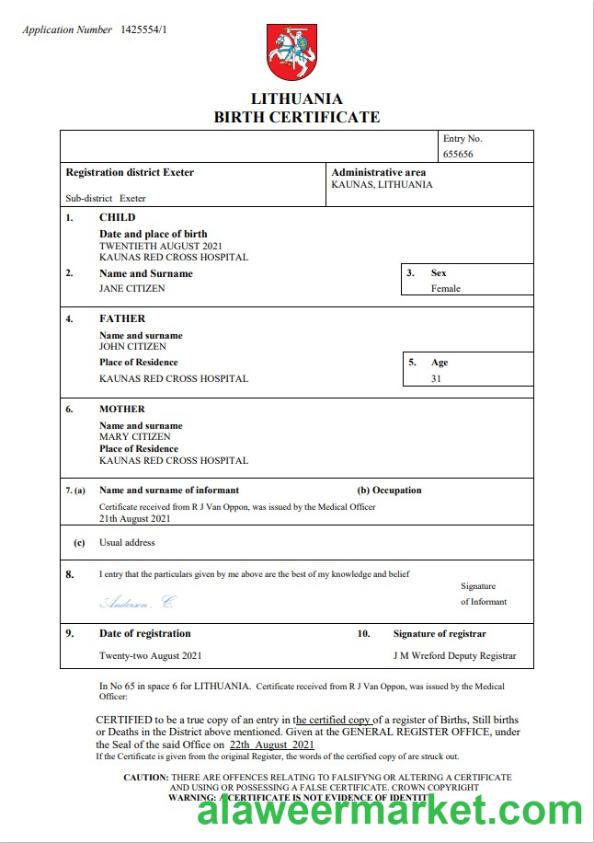 Lithuania birth certificate Word and PDF template